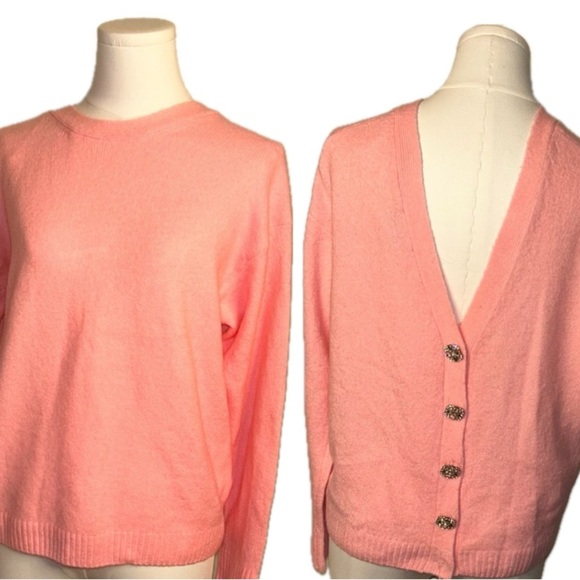 CeCe Crystal Embellished Two-Way Pink Snuggly Soft Knit Cardigan Sweater Sz XS - Picture 4 of 15
